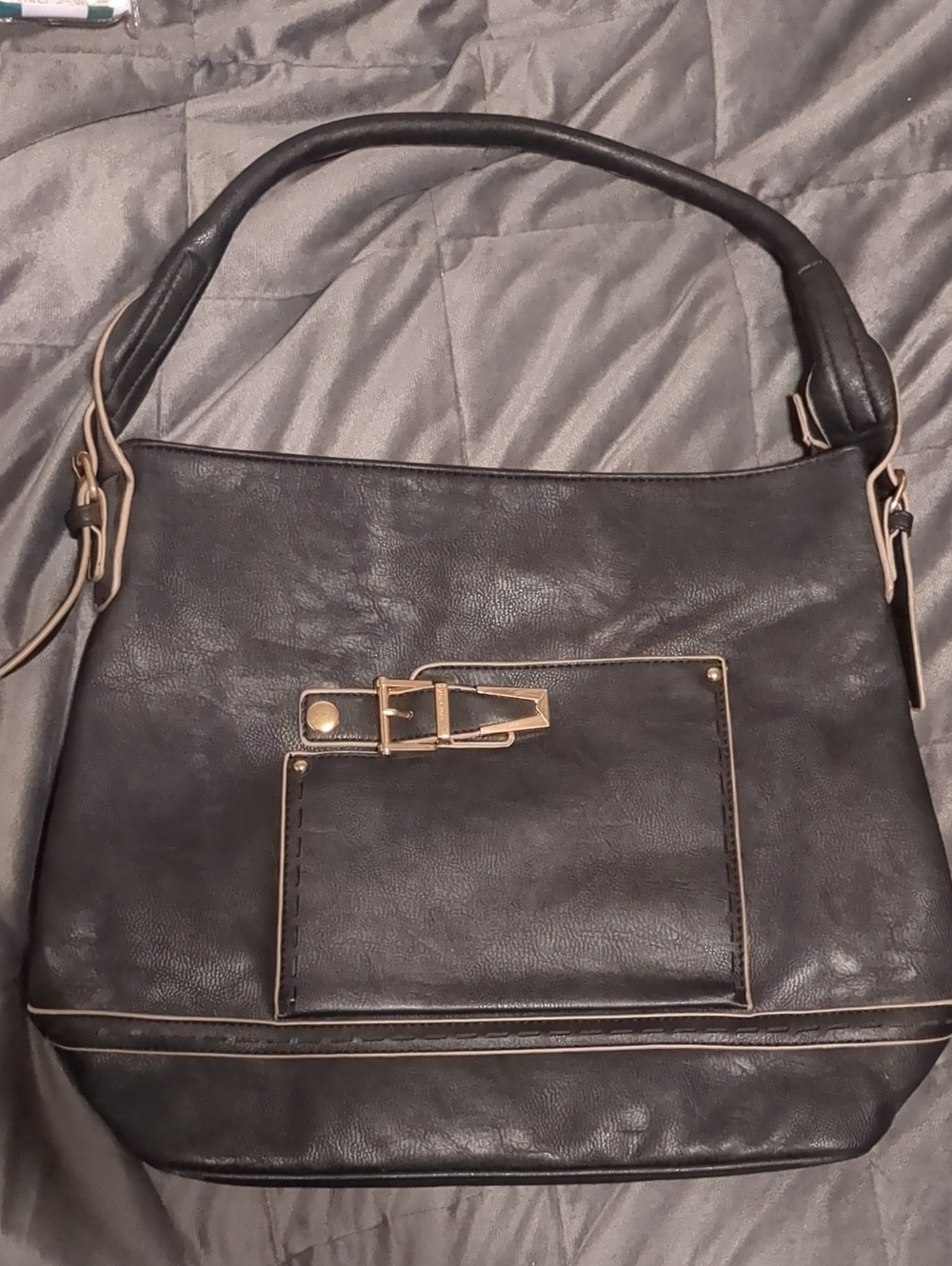 Blush Black Shoulder Bag with Gold Accents And Tan Piping